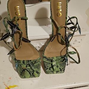 EGO Green Snake-Print Lace-Up Heels